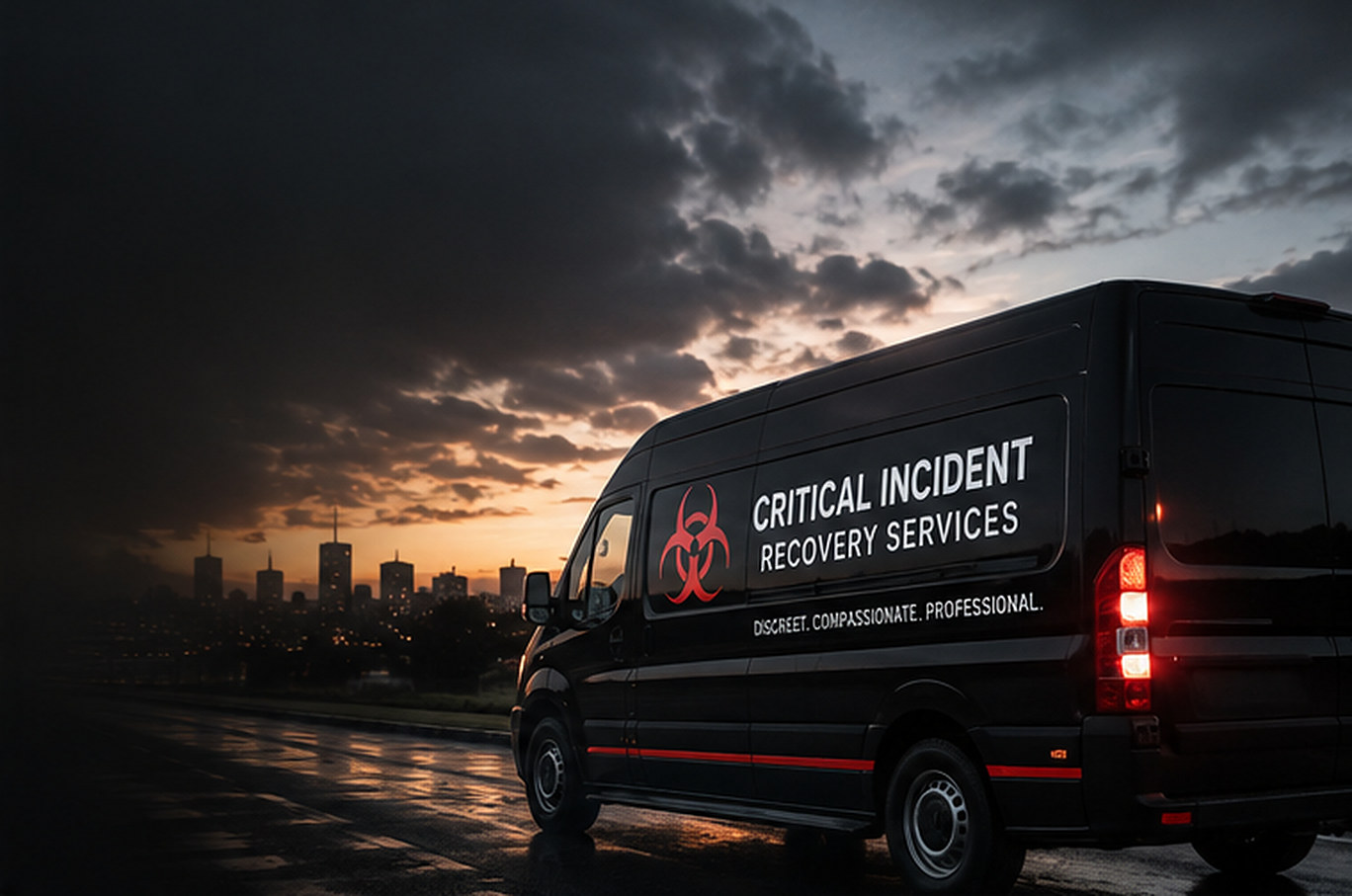 Critical Incident Recovery Services response vehicle staged at dusk near Ronkonkoma, Suffolk County
