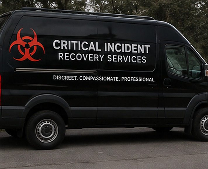 Biohazard response van parked discreetly outside a Ronkonkoma NY property